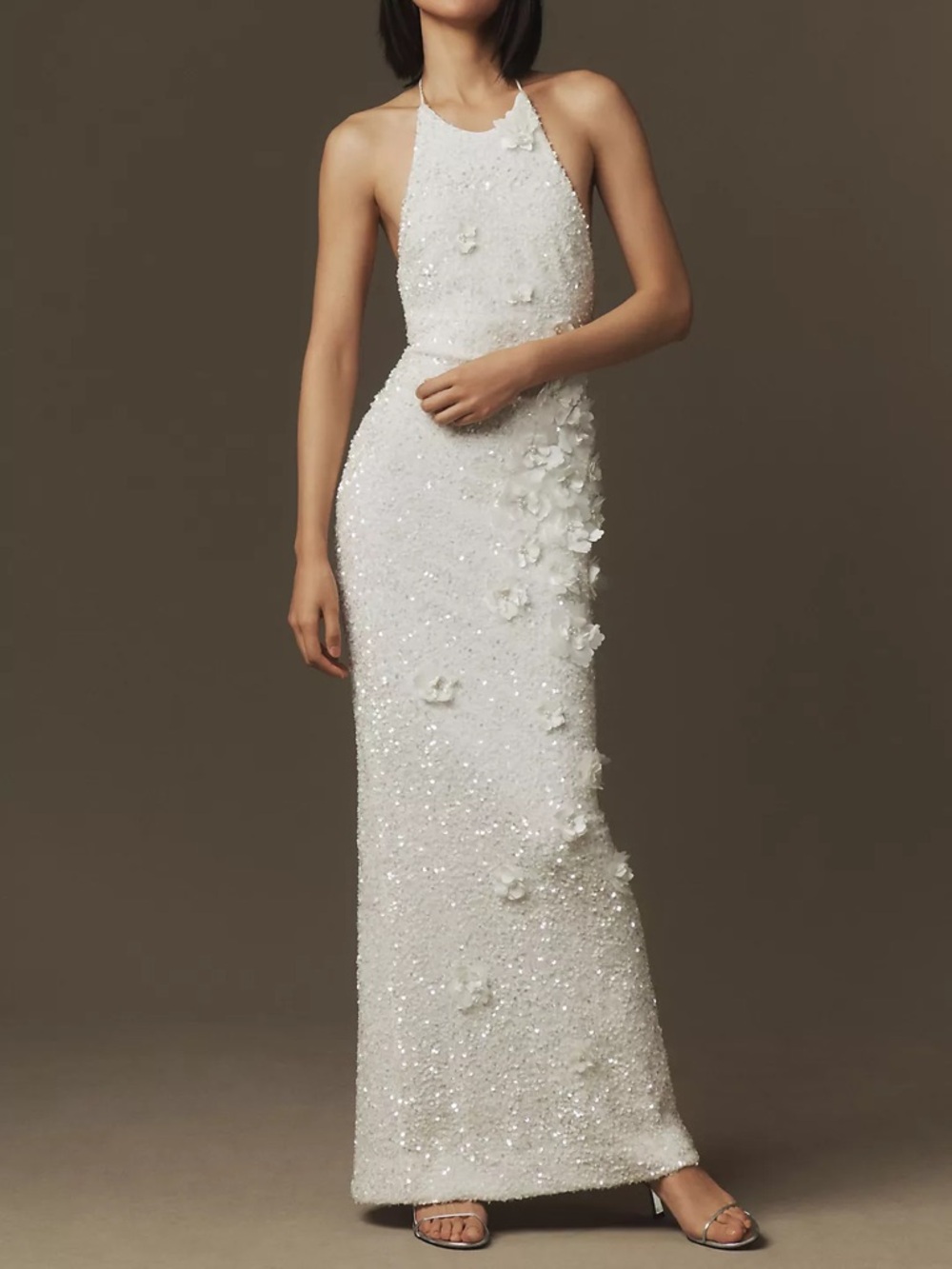 Helsi Brice Halter Sequin Column Maxi Dress Gown - White - Medium - NWT